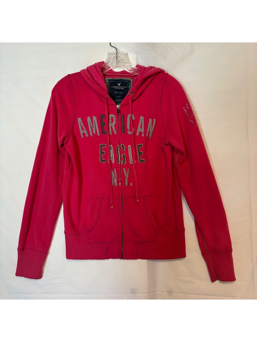 Vintage American Eagle Pink Full Zip Hoodie Graphic Spell Out Y2K Coquette Sz M